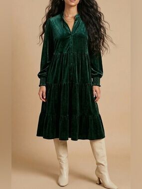 New Collection Emerald Green Velvet Tiered Long Sleeve Smocked Midi Dress L